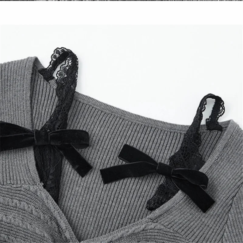 Fashion Lace Bow Straps Black Red Knitted Mini Dress New Women 2025 Spring Off Shoulder Long Sleeve Short Tight Pencil Dress