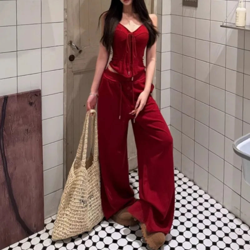 2025 Spring New American V-neck Lace Up Sexy Red Camisole Women + High Waist Drawstring Loose Casual Wide Leg Two-piece Suit