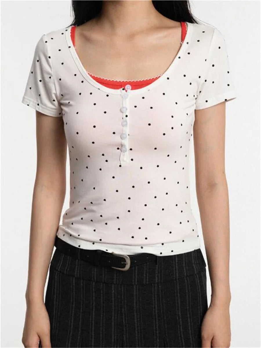 2024 Summer Outfit Polka Dots Print Crop Top Sexy Korean Fashion Short Sleeve Tees Cute Button Up Tees Round Neck T Shirts Slim