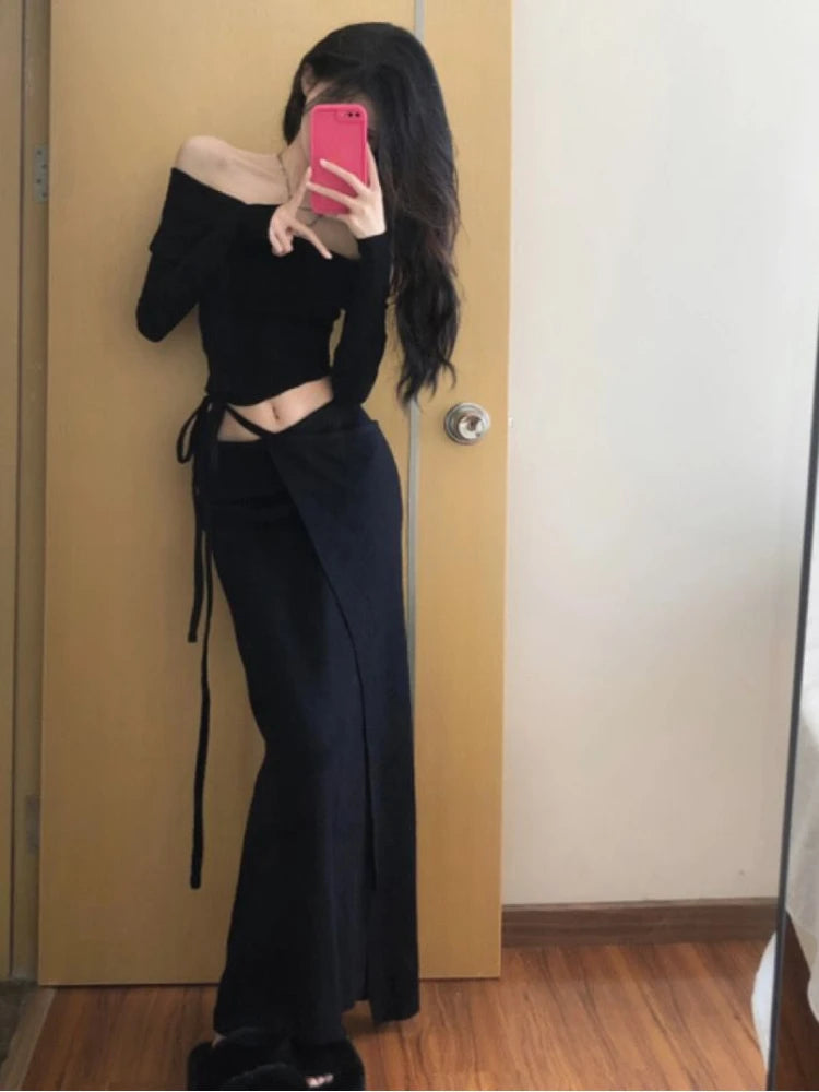 Vintage Two Piece Set 2025 Women's Clothing Slash Neck Tunic Tshirts High Waist Bodycon Bandage Long Skirt Suit Korean Outfits