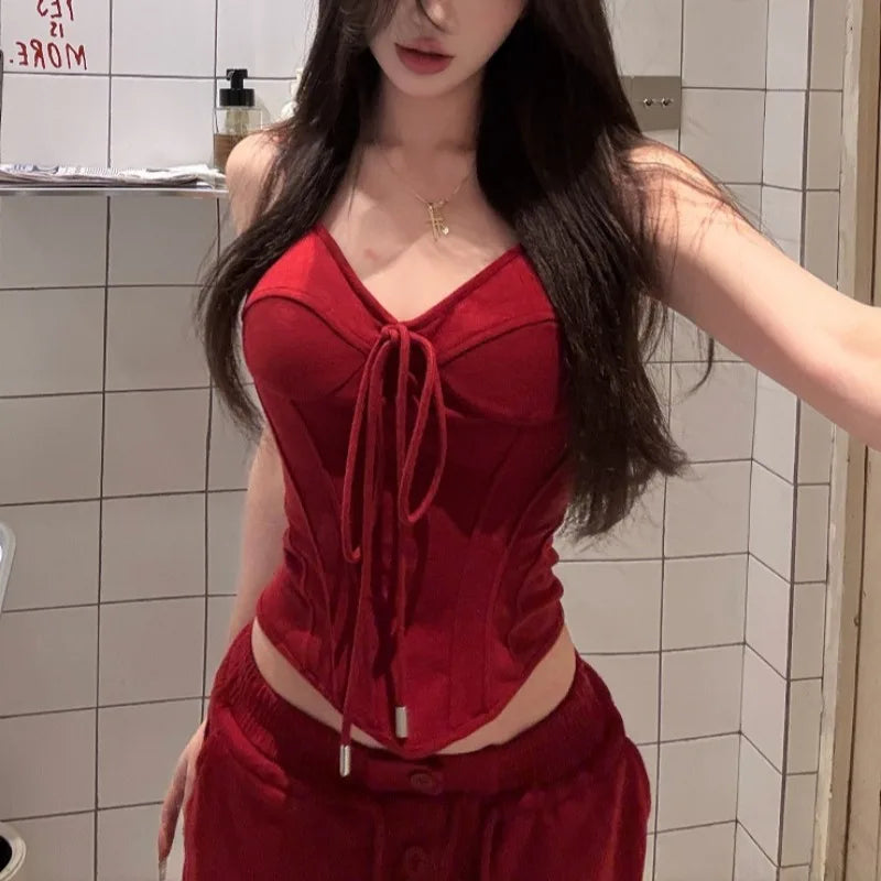 2025 Spring New American V-neck Lace Up Sexy Red Camisole Women + High Waist Drawstring Loose Casual Wide Leg Two-piece Suit