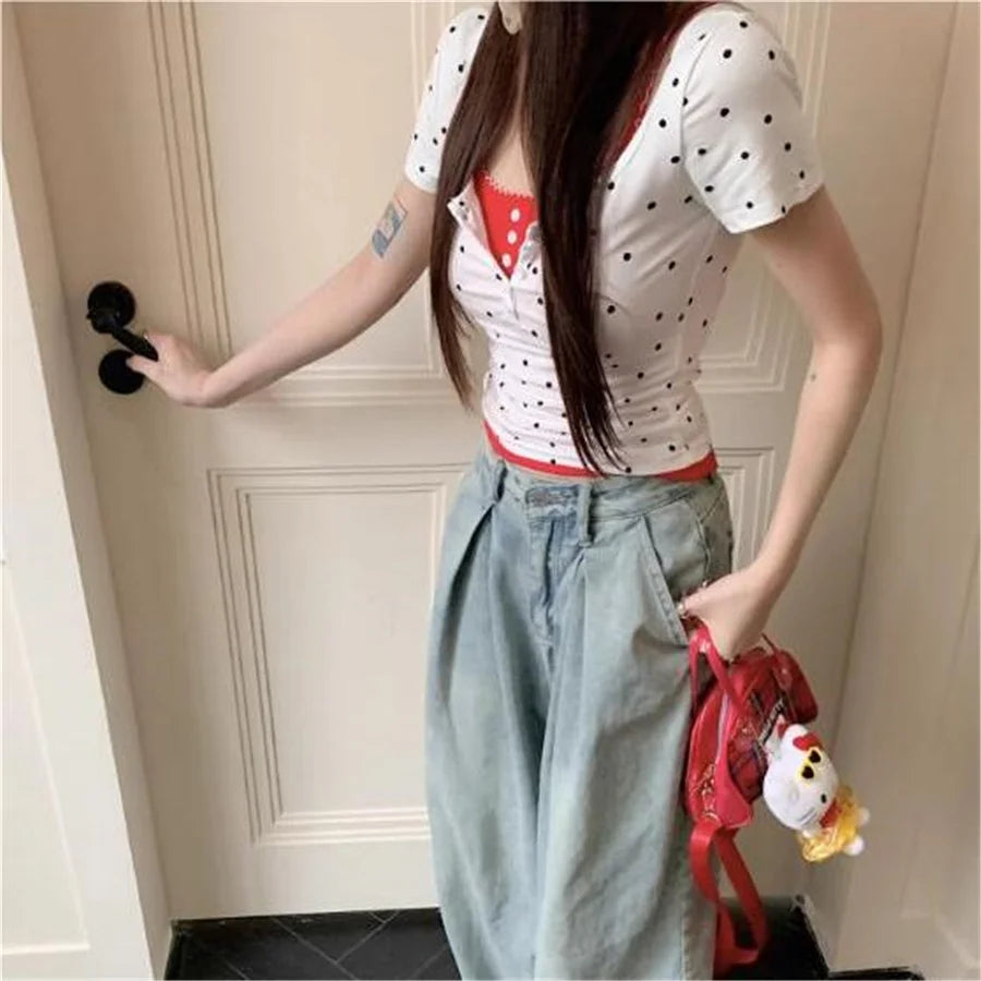 2024 Summer Outfit Polka Dots Print Crop Top Sexy Korean Fashion Short Sleeve Tees Cute Button Up Tees Round Neck T Shirts Slim