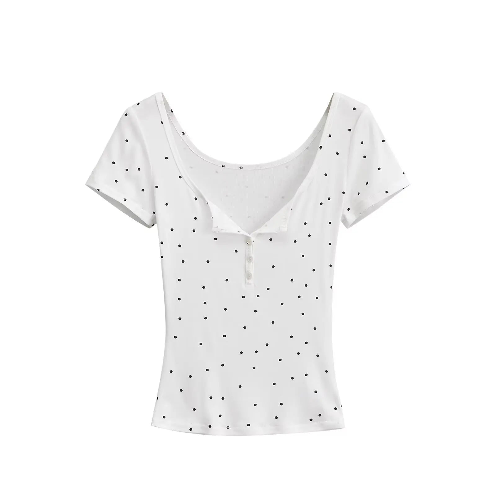 2024 Summer Outfit Polka Dots Print Crop Top Sexy Korean Fashion Short Sleeve Tees Cute Button Up Tees Round Neck T Shirts Slim