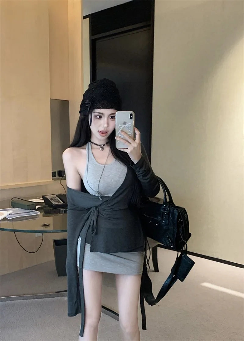 Sweet Hot Girl Suit Women's Autumn Gray Halter Neck Dress Slim Fit V-neck Knitted Cardigan Two-piece Set Fashion Female Clothes