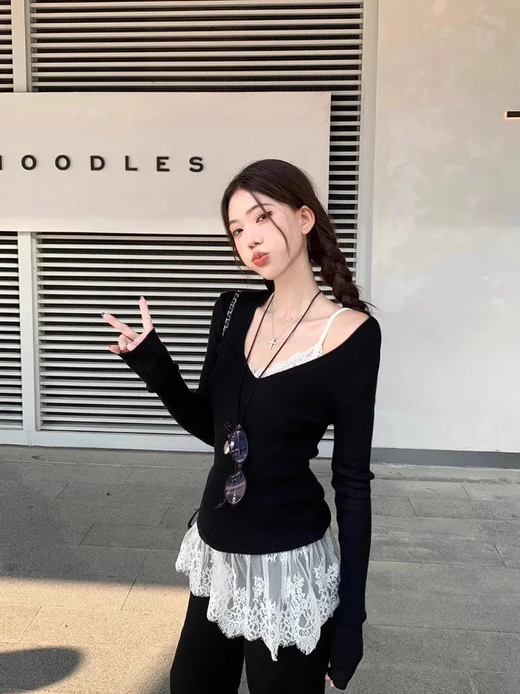 Korobov Autumn Temperament Slim V-neck Black Knitting Top Women's Clothing Lace Vest Sweet Two-piece Set Korean Fashion Suit