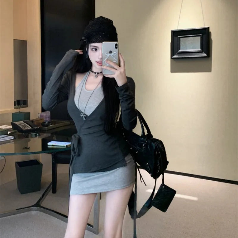 Sweet Hot Girl Suit Women's Autumn Gray Halter Neck Dress Slim Fit V-neck Knitted Cardigan Two-piece Set Fashion Female Clothes