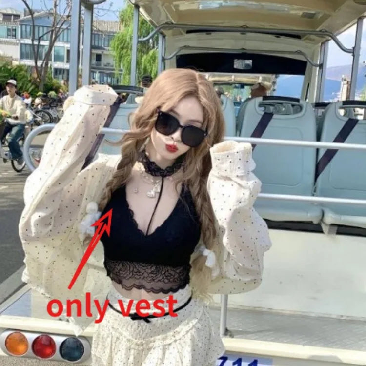 Fashion Vintage Halter Sexy Lace Black Vest+ Y2k Slim Fit Long Sleeve Red Tops Women 2025 Early Autum New Two Piece Sets