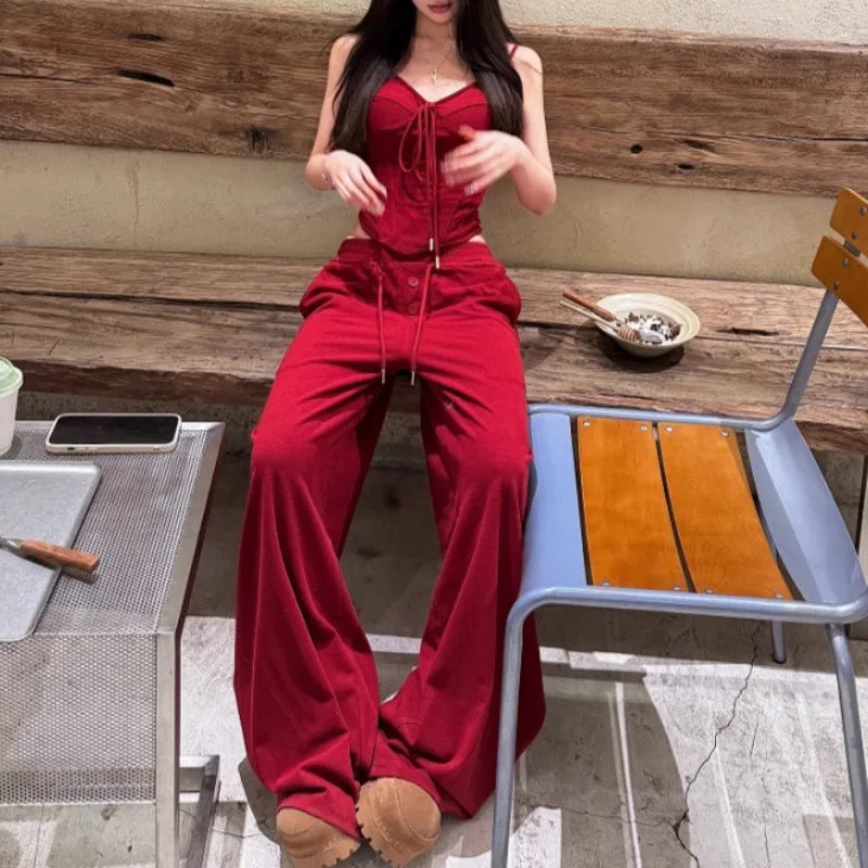 2025 Spring New American V-neck Lace Up Sexy Red Camisole Women + High Waist Drawstring Loose Casual Wide Leg Two-piece Suit