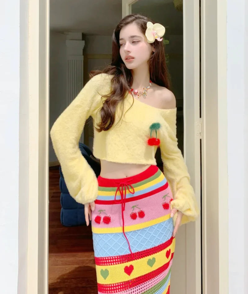 Winter Rainbow Knitted New Two Piece Set Women Warm Pullover Sweater+sweet Midi Skirt Female Casual Korean Fashion Y2k Suit 2024