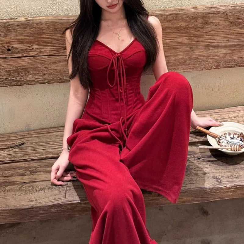 2025 Spring New American V-neck Lace Up Sexy Red Camisole Women + High Waist Drawstring Loose Casual Wide Leg Two-piece Suit