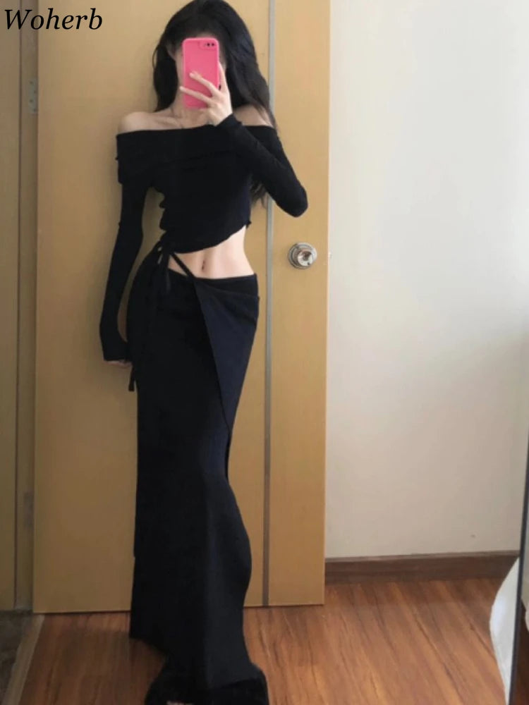 Vintage Two Piece Set 2025 Women's Clothing Slash Neck Tunic Tshirts High Waist Bodycon Bandage Long Skirt Suit Korean Outfits