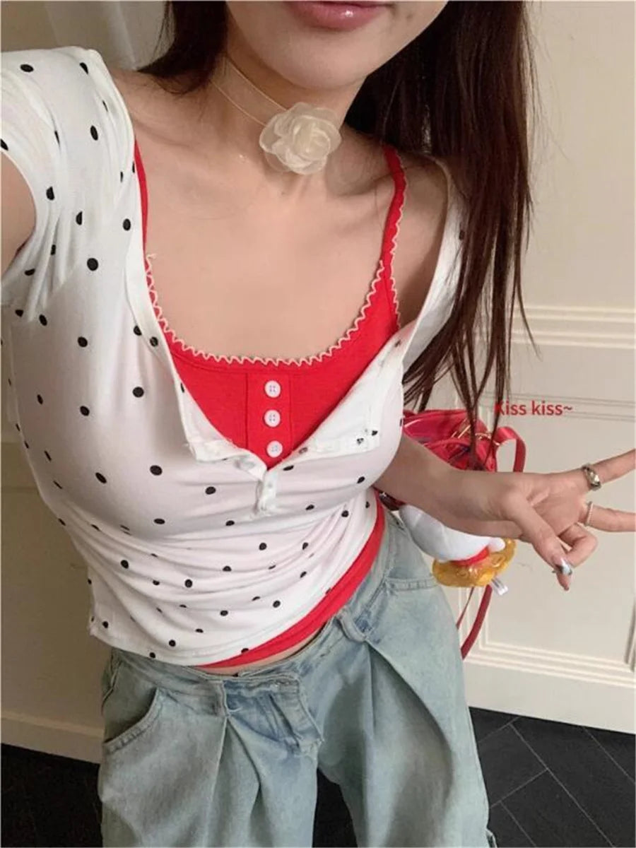 2024 Summer Outfit Polka Dots Print Crop Top Sexy Korean Fashion Short Sleeve Tees Cute Button Up Tees Round Neck T Shirts Slim