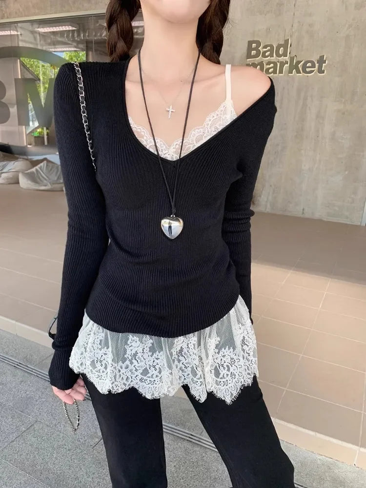 Korobov Autumn Temperament Slim V-neck Black Knitting Top Women's Clothing Lace Vest Sweet Two-piece Set Korean Fashion Suit