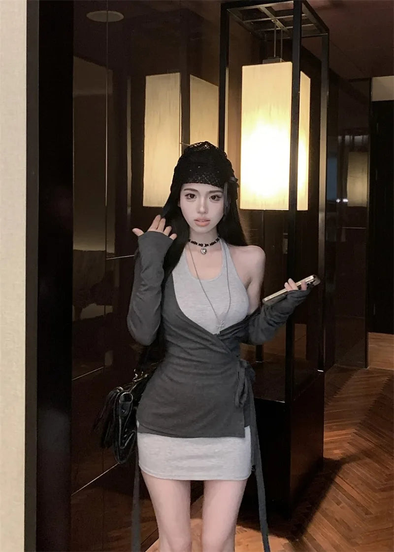 Sweet Hot Girl Suit Women's Autumn Gray Halter Neck Dress Slim Fit V-neck Knitted Cardigan Two-piece Set Fashion Female Clothes