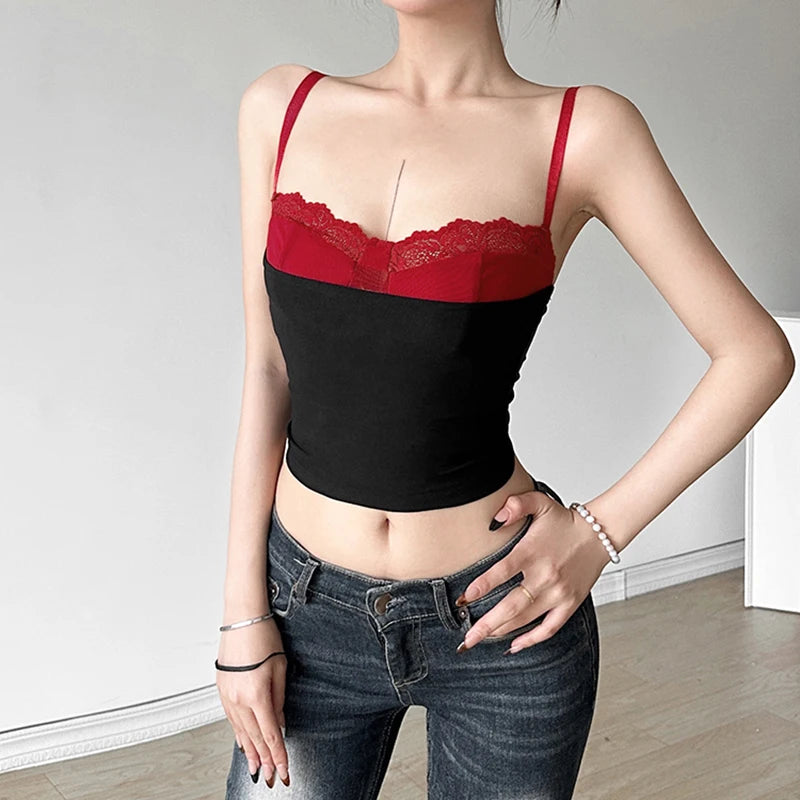 Women's Crop Camisole Slim Contrast Fake Two-Piece Sweetheart Neck Showing Navel Spaghetti Strap Tops for Summer Y2K Clothes