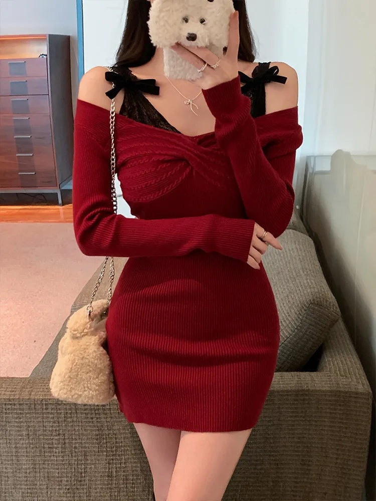 Fashion Lace Bow Straps Black Red Knitted Mini Dress New Women 2025 Spring Off Shoulder Long Sleeve Short Tight Pencil Dress