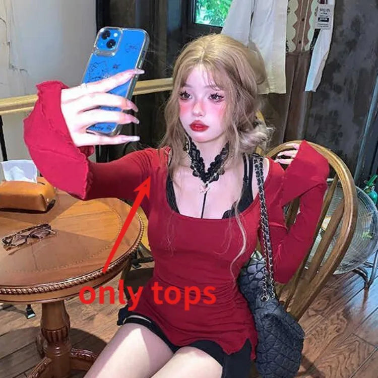 Fashion Vintage Halter Sexy Lace Black Vest+ Y2k Slim Fit Long Sleeve Red Tops Women 2025 Early Autum New Two Piece Sets