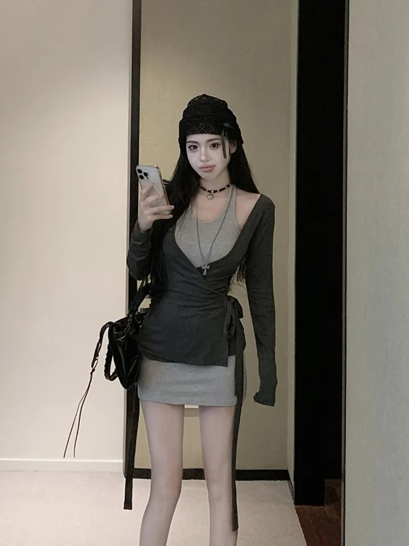 Sweet Hot Girl Suit Women's Autumn Gray Halter Neck Dress Slim Fit V-neck Knitted Cardigan Two-piece Set Fashion Female Clothes