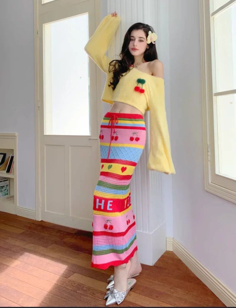 Winter Rainbow Knitted New Two Piece Set Women Warm Pullover Sweater+sweet Midi Skirt Female Casual Korean Fashion Y2k Suit 2024