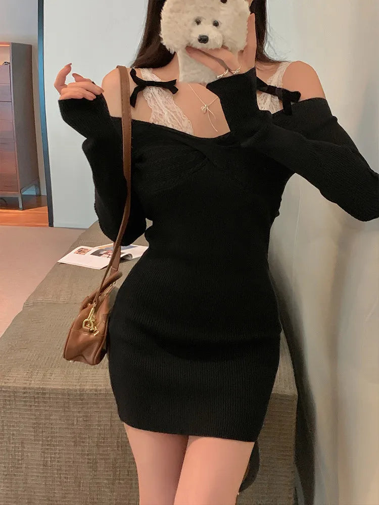 Fashion Lace Bow Straps Black Red Knitted Mini Dress New Women 2025 Spring Off Shoulder Long Sleeve Short Tight Pencil Dress