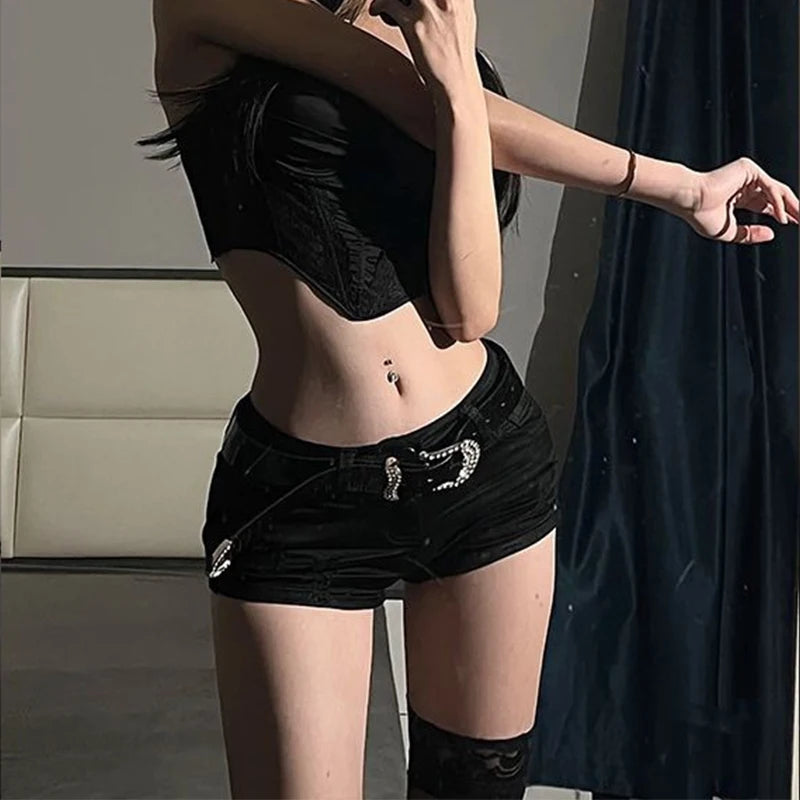 Y2k Black Sexy Gothic Denim Shorts Women Skinny High Street Low Waist Summer Streetwear Chic Punk Style Fashion Hotsweet Ladies