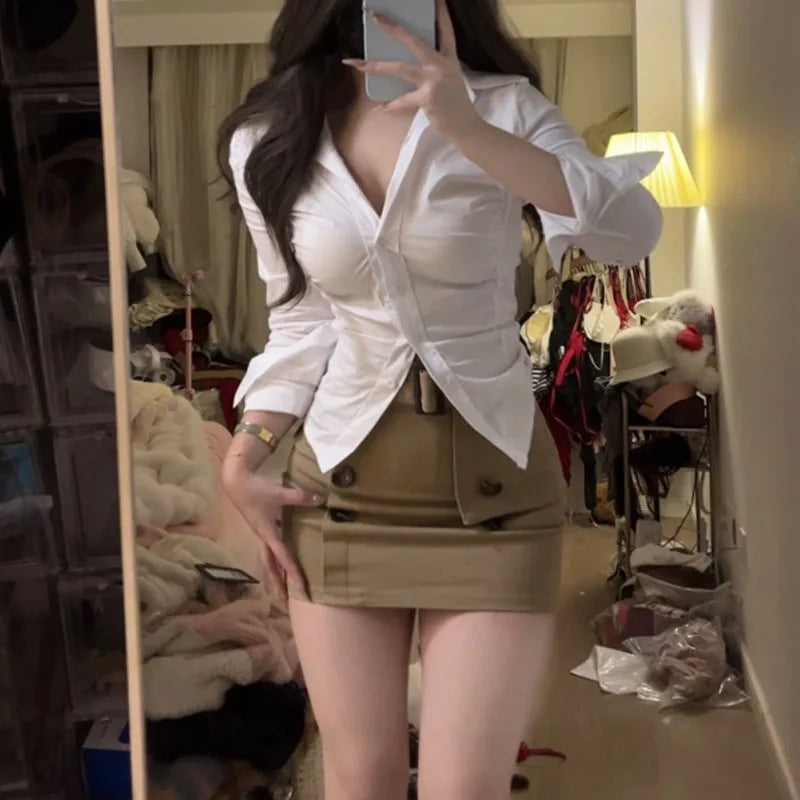 Spring Autumn New Women's Fashion Polo-Neck Button Sexy Long Sleeve Shirt Solid Color High Waist Two Piece Set of Hip Wrap Skirt