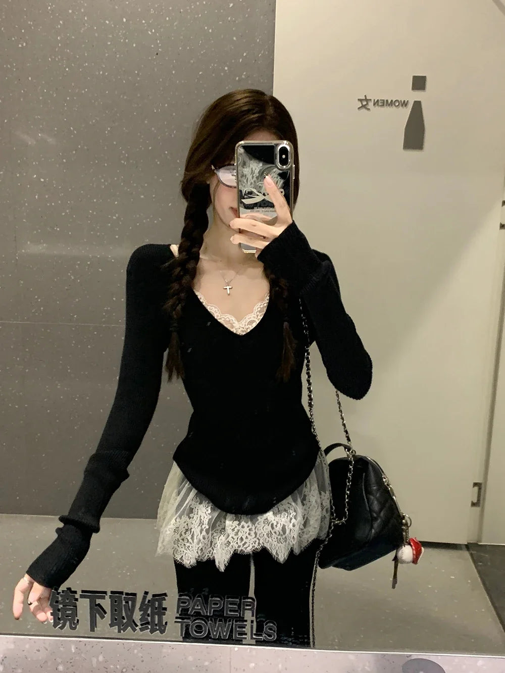 Korobov Autumn Temperament Slim V-neck Black Knitting Top Women's Clothing Lace Vest Sweet Two-piece Set Korean Fashion Suit