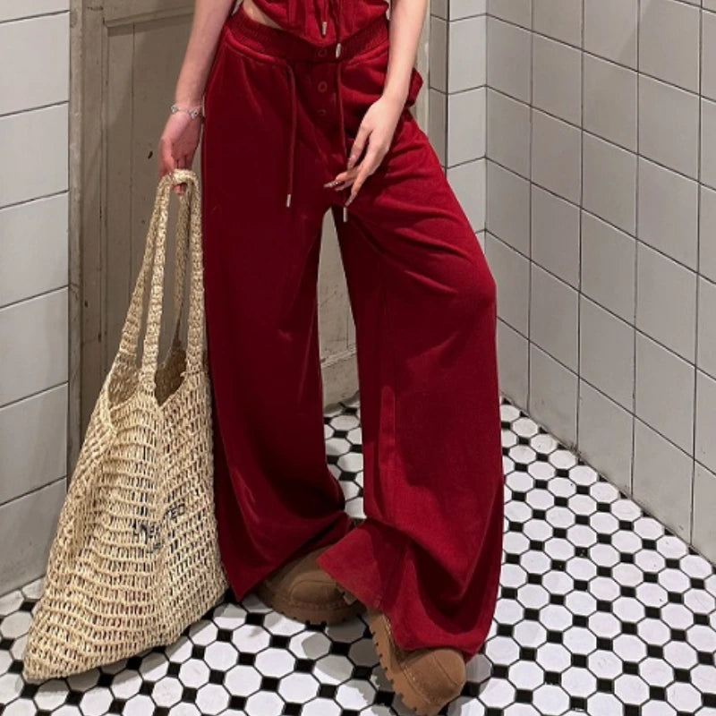 2025 Spring New American V-neck Lace Up Sexy Red Camisole Women + High Waist Drawstring Loose Casual Wide Leg Two-piece Suit