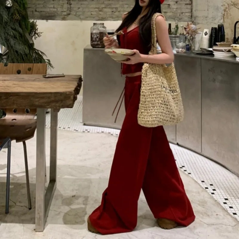 2025 Spring New American V-neck Lace Up Sexy Red Camisole Women + High Waist Drawstring Loose Casual Wide Leg Two-piece Suit