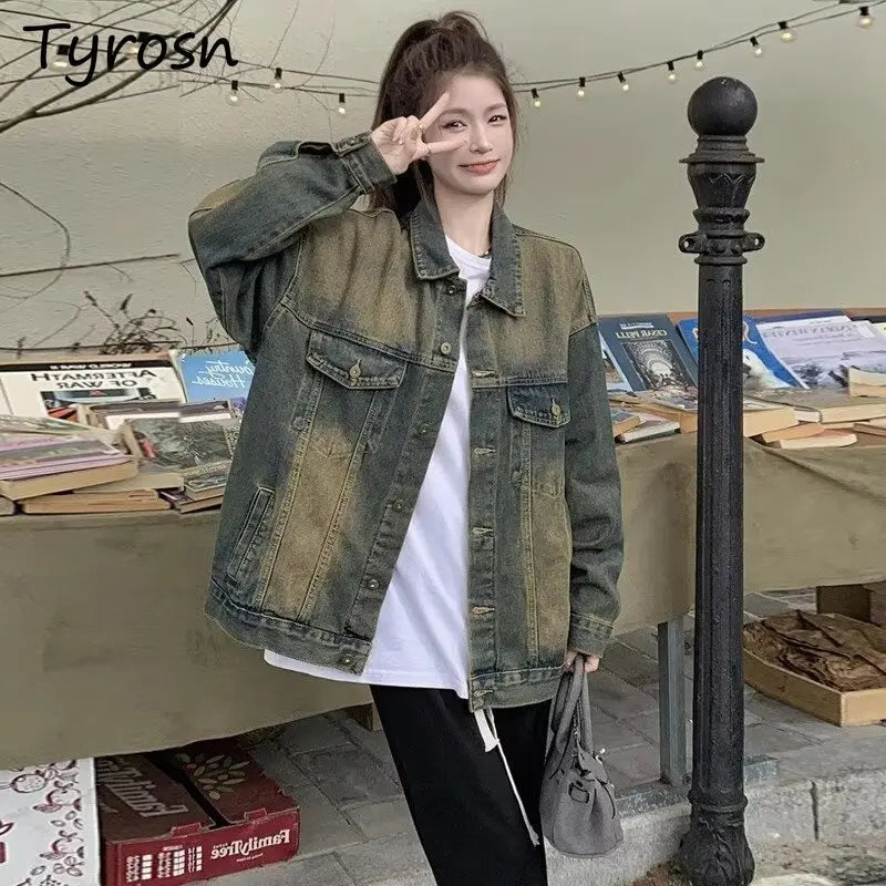 Women Jackets European Retro Turn Down Collar Single Breasted Denim Coats Autumn Winter Warm High Street Hipster Loose Patchwork