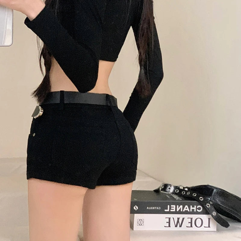 Y2k Black Sexy Gothic Denim Shorts Women Skinny High Street Low Waist Summer Streetwear Chic Punk Style Fashion Hotsweet Ladies